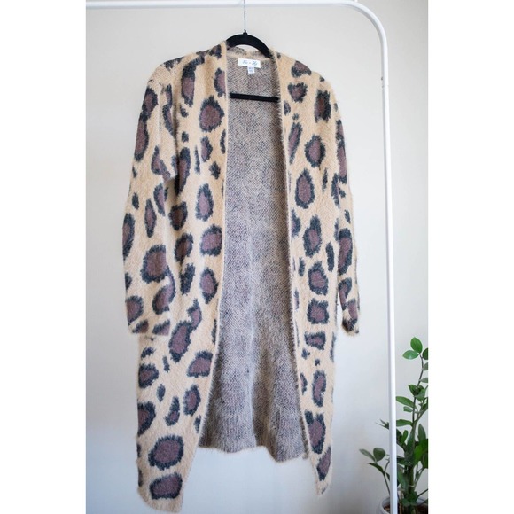 SHE & SKY Cozy Leopard Print Open Front Long Cardigan Sweater Mocha Coat SZ OS - Picture 1 of 7